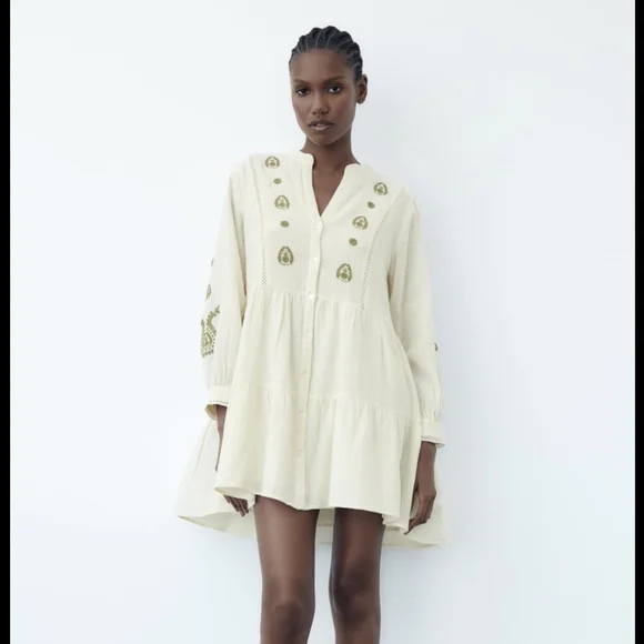 Zara | Dresses | Zara Cream Green Embroidered Mini Dress Size Small |  Poshmark